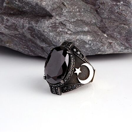 ONIX TAŞLI AY YILDIZ MODEL ERKEK GÜMÜŞ YÜZÜK