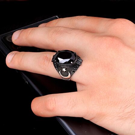 ONIX TAŞLI AY YILDIZ MODEL ERKEK GÜMÜŞ YÜZÜK