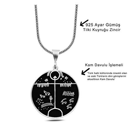 Kam Davulu İşlemeli Gümüş Kolye
