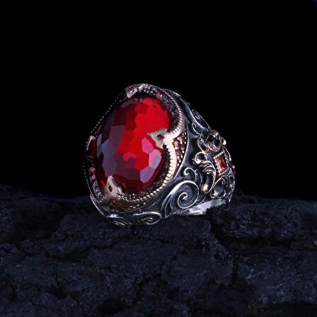 KIRMIZI ZİRKON TAŞLI 925 AYAR GÜMÜŞ ERKEK YÜZÜK