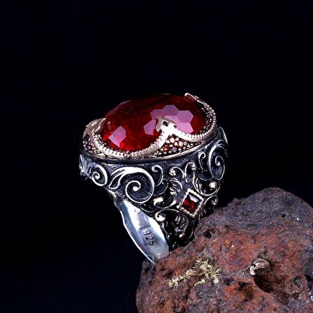 KIRMIZI ZİRKON TAŞLI 925 AYAR GÜMÜŞ ERKEK YÜZÜK