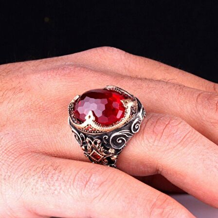 KIRMIZI ZİRKON TAŞLI 925 AYAR GÜMÜŞ ERKEK YÜZÜK