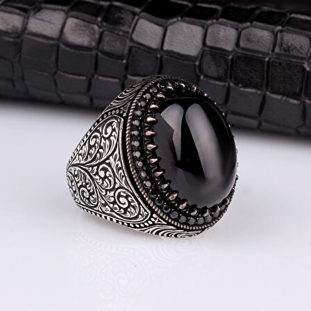 925 AYAR GÜMÜŞ ONIX TAŞLI KALEM MOTİFLİ YÜZÜK