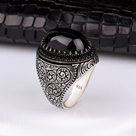 925 AYAR GÜMÜŞ ONIX TAŞLI KALEM MOTİFLİ YÜZÜK