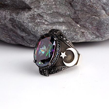BLUE TOPAZ TAŞLI AY YILDIZ MODEL ERKEK GÜMÜŞ YÜZÜK