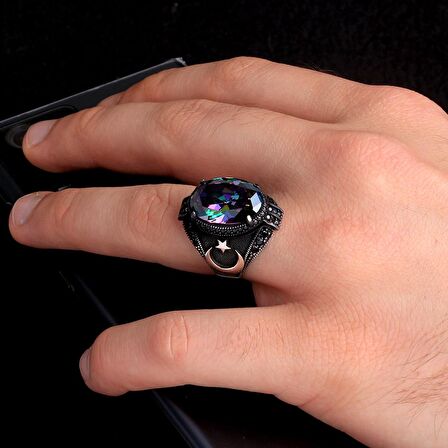 BLUE TOPAZ TAŞLI AY YILDIZ MODEL ERKEK GÜMÜŞ YÜZÜK