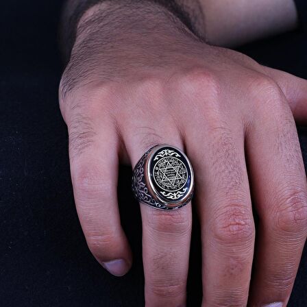 Mineli Süleyman Mührü 925 Ayar Gümüş Erkek Yüzük