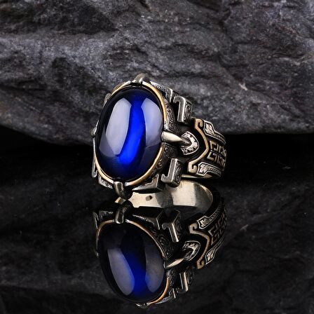 ZİRKON TAŞLI MAVİ RENK 925 AYAR GÜMÜŞ ERKEK YÜZÜK