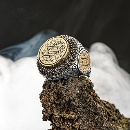 Hz Süleyman Mührü İşlemeli Kenarları Süleyman Mühürlü Gümüş Yüzük