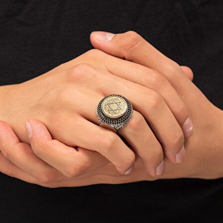 Hz Süleyman Mührü İşlemeli Kenarları Süleyman Mühürlü Gümüş Yüzük