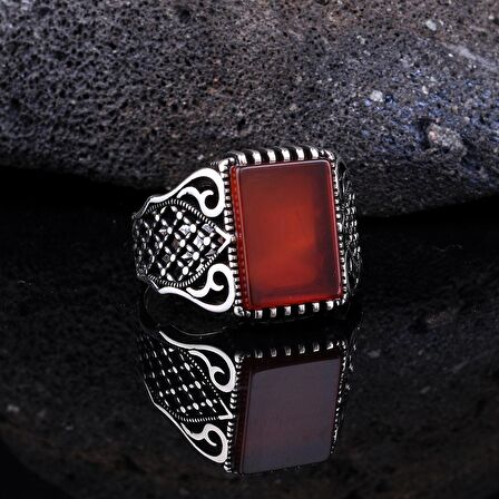 925 AYAR GÜMÜŞ AKİK TAŞLI MOTİF DESENLİ MODEL YÜZÜK