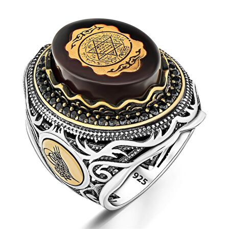 Kırmızı Kehribar İçerisi Hz Süleyman Mührü Gümüş Yüzük