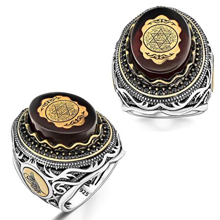 Kırmızı Kehribar İçerisi Hz Süleyman Mührü Gümüş Yüzük