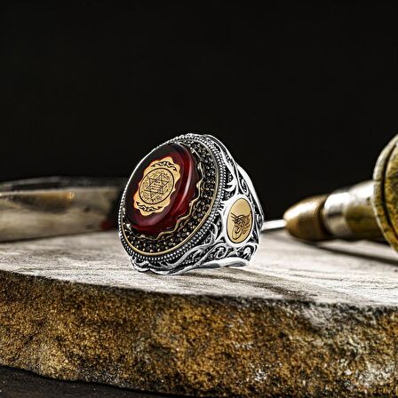 Kırmızı Kehribar İçerisi Hz Süleyman Mührü Gümüş Yüzük