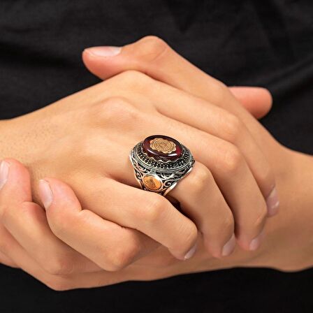 Kırmızı Kehribar İçerisi Hz Süleyman Mührü Gümüş Yüzük