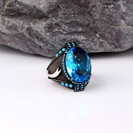 BLUE TOPAZ TAŞLI ERKEK GÜMÜŞ YÜZÜK