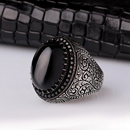 925 AYAR GÜMÜŞ ONIX TAŞLI KALEM MOTİFLİ YÜZÜK