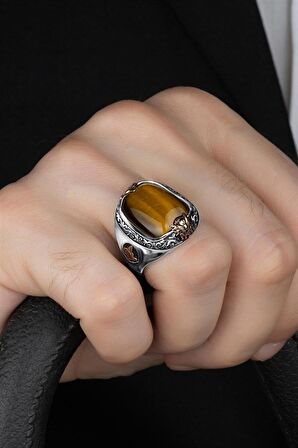 KAPLAN GÖZÜ TAŞLI YANLARI OSMANLI TUĞRASI VE ARMALI GÜMÜŞ ERKEK YÜZÜK