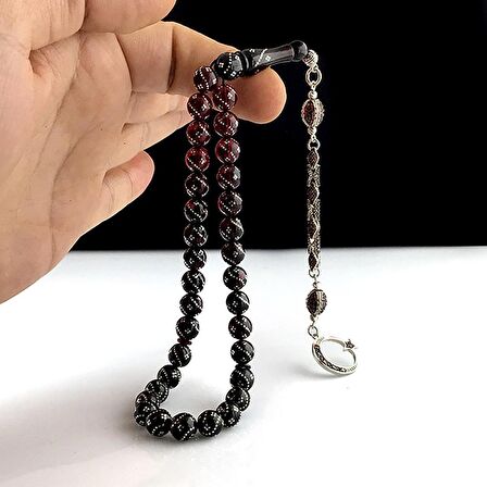 ZİRKON TAŞ PÜSKÜLLÜ GÜMÜŞ İŞLEMELİ AY YILDIZ MODEL ATEŞ KEHRİBAR TESBİH