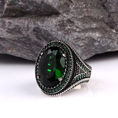 YEŞİL RENK ZİRKON TAŞLI ERKEK GÜMÜŞ YÜZÜK