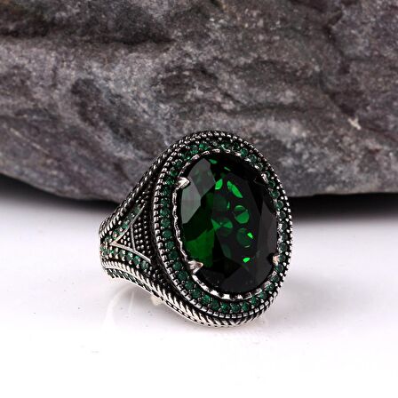 YEŞİL RENK ZİRKON TAŞLI ERKEK GÜMÜŞ YÜZÜK