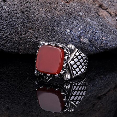 925 AYAR GÜMÜŞ BORDO AKİK TAŞLI MODEL YÜZÜK