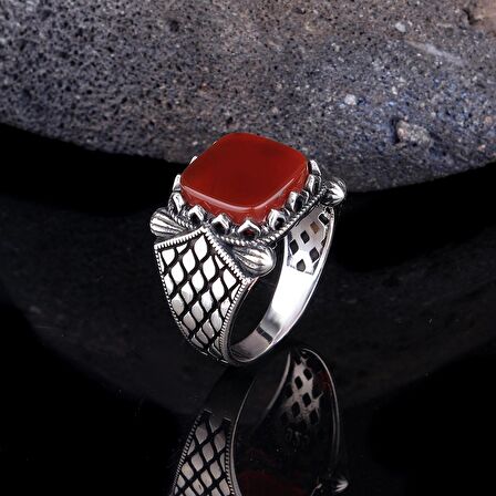 925 AYAR GÜMÜŞ BORDO AKİK TAŞLI MODEL YÜZÜK