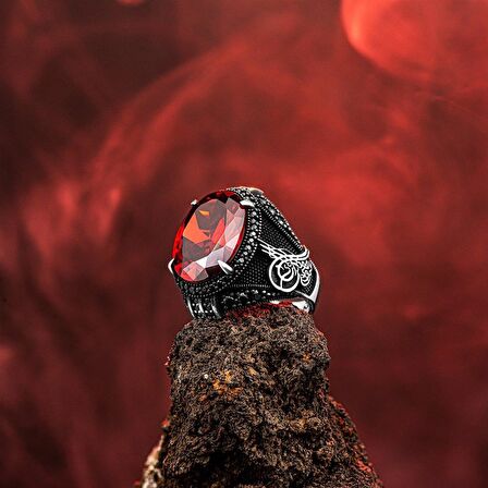 Osmanlı Mührü Motifli Kırmızı Zirkon Taşlı Gümüş Yüzük