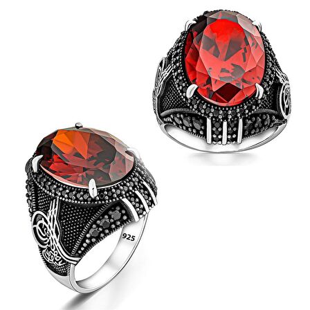 Osmanlı Mührü Motifli Kırmızı Zirkon Taşlı Gümüş Yüzük