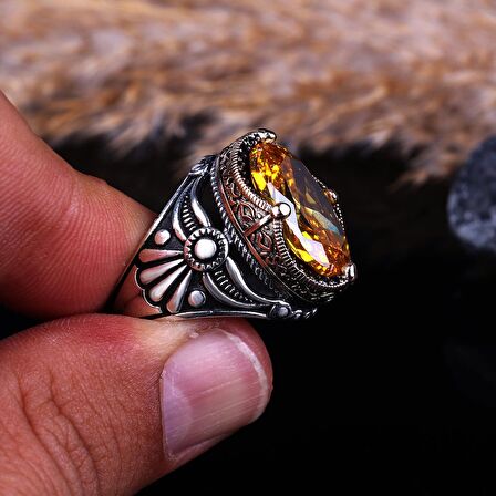 SİTRİN TAŞLI 925 AYAR ERKEK GÜMÜŞ YÜZÜK