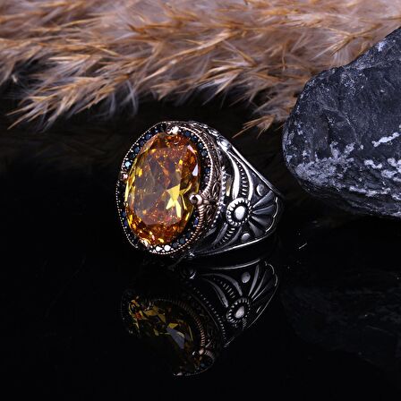 SİTRİN TAŞLI 925 AYAR ERKEK GÜMÜŞ YÜZÜK