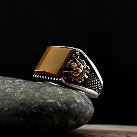 925 Ayar Gümüş Kaplangözü Taşlı Arma Tuğra Motifli Yüzük