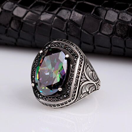 925 AYAR GÜMÜŞ MİSTİK TOPAZ TAŞLI KALEM MOTİFLİ YÜZÜK