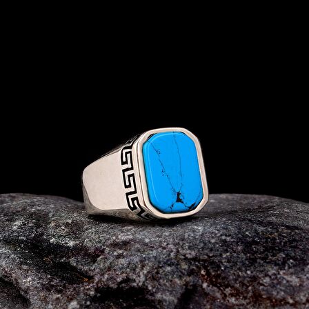 925 AYAR GÜMÜŞ TURKUAZ TAŞLI DESEN MİTFLİ ERKEK YÜZÜK