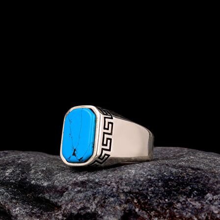 925 AYAR GÜMÜŞ TURKUAZ TAŞLI DESEN MİTFLİ ERKEK YÜZÜK