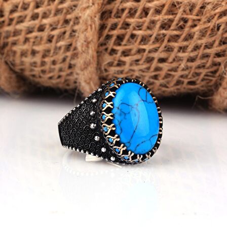 TURKUAZ TAŞLI OVAL MODEL 925 AYAR GÜMÜŞ ERKEK YÜZÜK