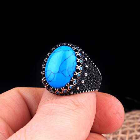 TURKUAZ TAŞLI OVAL MODEL 925 AYAR GÜMÜŞ ERKEK YÜZÜK