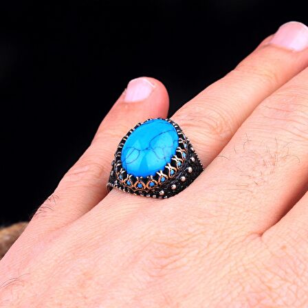 TURKUAZ TAŞLI OVAL MODEL 925 AYAR GÜMÜŞ ERKEK YÜZÜK