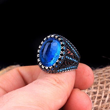 AQUA TAŞLI OVAL MODEL 925 AYAR GÜMÜŞ ERKEK YÜZÜK