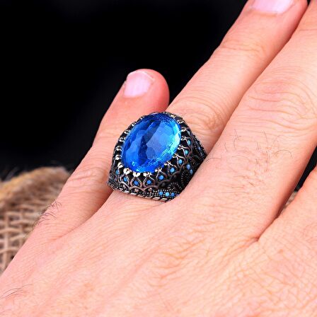 AQUA TAŞLI OVAL MODEL 925 AYAR GÜMÜŞ ERKEK YÜZÜK