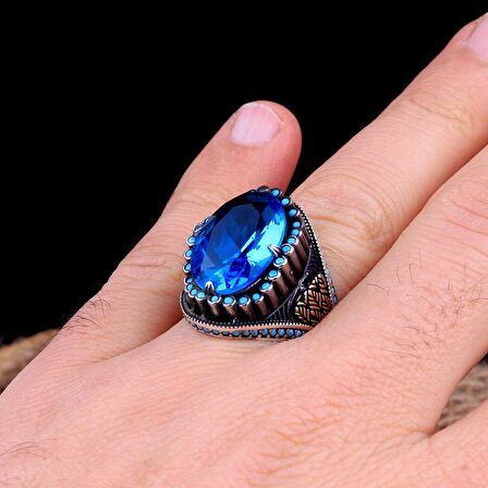 AQUA TAŞLI OVAL MODEL 925 AYAR GÜMÜŞ ERKEK YÜZÜK