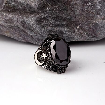 ONIX TAŞLI AY YILDIZ MODEL ERKEK GÜMÜŞ YÜZÜK