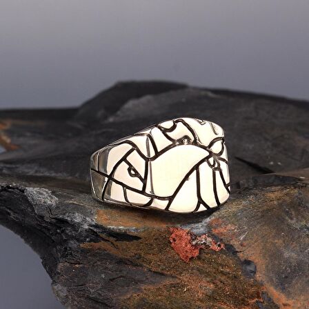 925 AYAR GÜMÜŞ KAYA PARÇASI DESENLİ ERKEK YÜZÜK