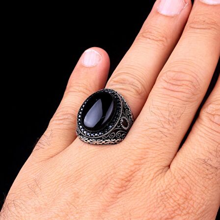 KRAL ZİNCİR MOTİFLİ ONİX TAŞLI GÜMÜŞ ERKEK YÜZÜK