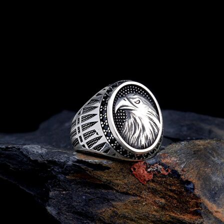 925 AYAR GÜMÜŞ MİKRO TAŞLI KARTAL MOTİFLİ ERKEK YÜZÜK