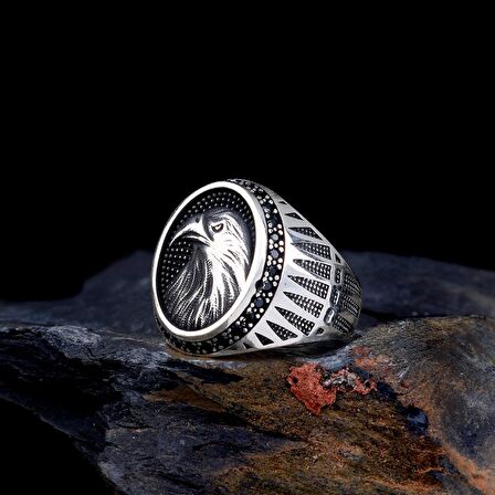 925 AYAR GÜMÜŞ MİKRO TAŞLI KARTAL MOTİFLİ ERKEK YÜZÜK