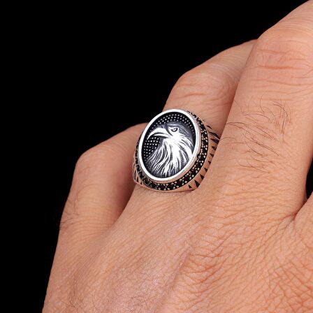 925 AYAR GÜMÜŞ MİKRO TAŞLI KARTAL MOTİFLİ ERKEK YÜZÜK