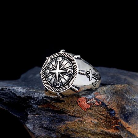 925 AYAR GÜMÜŞ PUSULA GEMİ ÇAPA MODEL YÜZÜK