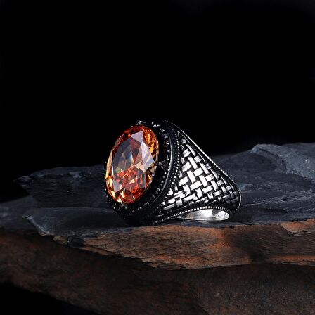 925 AYAR GÜMÜŞ ZİRKON TAŞLI ÖRGÜ MOTİFLİ ERKEK YÜZÜK