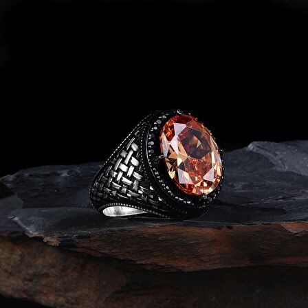 925 AYAR GÜMÜŞ ZİRKON TAŞLI ÖRGÜ MOTİFLİ ERKEK YÜZÜK